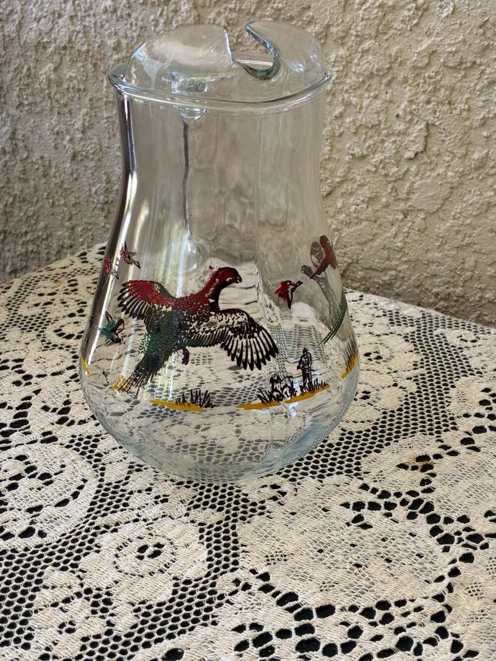 Vintage Hazel Atlas Pheasant Hunting Scene Glass Pitcher with Ice Lip